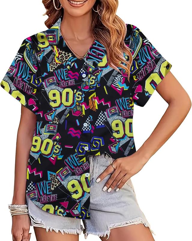 Product image of 80s 90s Outfits for Women 80s Party Themed Outfit Shirt 90s Hawaiian Button Down Shirts Retro Neon Disco tee Tops