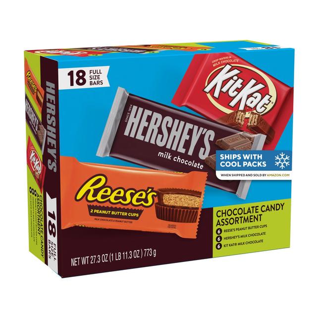 Product image of HERSHEY'S, KIT KAT and REESE'S Assorted Milk Chocolate Candy Variety Box, 27.3 oz (18 Count)