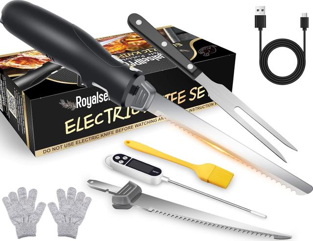 Product image of Cordless Rechargeable Electric Knife Easy Slice and Assemble with Storage Case, Wireless Serrated Edge Blades Slicer Set with Ergonomic Handle and Safety Lock for Turkey, Meat, Sourdough, Ribs, Fillet and Foam