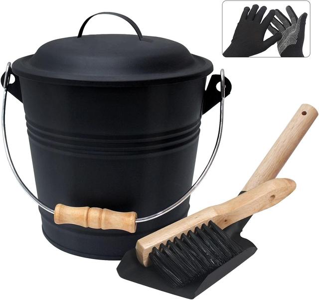 Product image of BRIAN & DANY Mini Ash Bucket with Lid and Shovel, 1.3 Gallon Fireplace Bucket with Broom, Ash Can for Fireplace, Ashes, Fire Pit, Wood Burning Stove