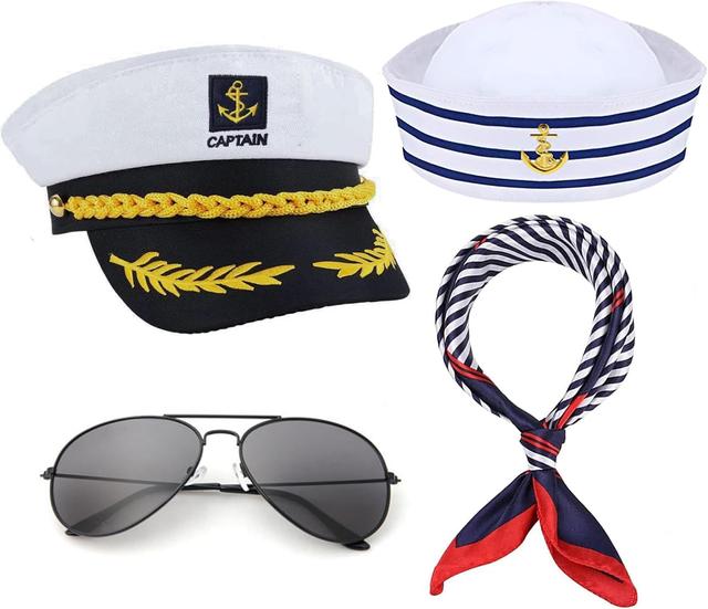 Product image of Yacht Captain Hat Sailor Ship Cap Scarf Sunglasses Sailor Hat Boat Costume For Men Women Captains Dressing up Party (4pCS set)