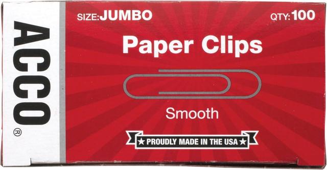 Product image of ACCO Paper Clips, Jumbo, Smooth, 100 Clips/Box, 1 Box (72580)