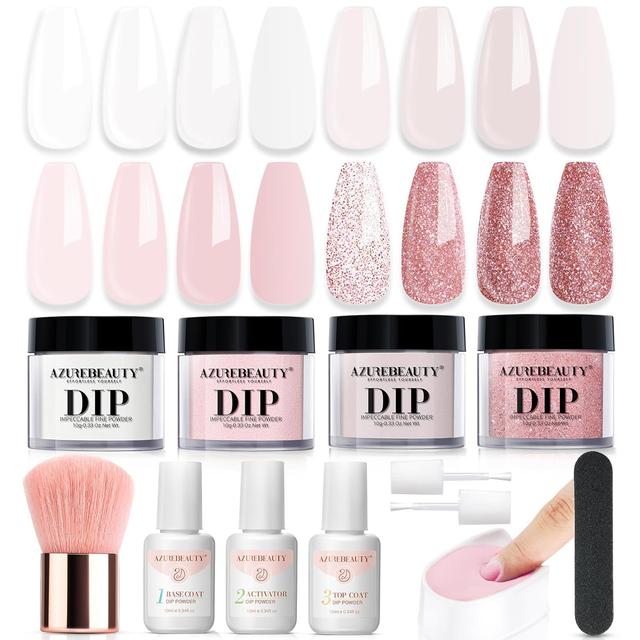 Product image of AZUREBEAUTY 4 Colors Dip Powder Nail Kit Starter, Transparent Nude Neutral Pink Glitter, Dipping Powder Set All Seasons, French Nail Art Base Top Coat Activator Liquid Manicure DIY Salon 12 PCS