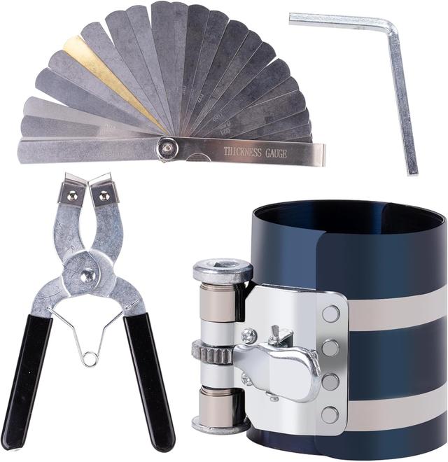 Product image of Piston Ring Compressor Tool Car Engine Piston Ring Installer Removal Kit Adjustable Sizes From 2-1/8 Inches To 7 Inches，with Piston Installer Plier and Stainless Steel Feeler Gauge