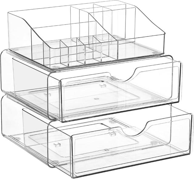 Product image of Vtopmart 3 Tier Clear Makeup Organizer with Drawer, Cosmetic Storage for Dresser Countertop and Bathroom Vanity, Beauty Holder for Lipstick Brush Skincare
