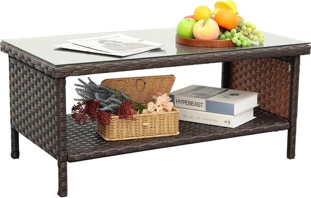 Product image of Outdoor Wicker Coffee Table Patio Furniture Garden Rattan 2-Layer Glass Table with Storage and Furniture Cover, Brown