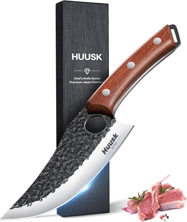 Product image of Huusk Viking Knife, Japanese Butcher Knife for Meat Cutting, Hand Forged Boning Knife with Ergonomic Wood Handle, High Carbon Steel Japanese Chef Knife for Camping, Outdoor, BBQ, Birthday Gift for Men