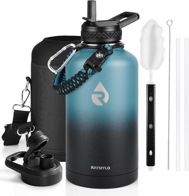 Product image of Insulated Water Bottle 64 oz, Triple Wall Vacuum Stainless Steel (Cold for 48 Hrs), Leak Proof & Non-BPA, Half Gallon Water Flask Jug with Paracord Handle & Straw Spout Lids