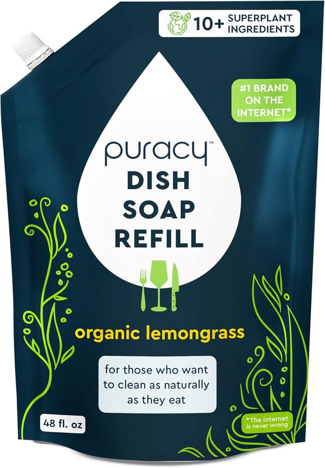 Product image of Puracy Natural Dish Soap Refill - Skin-Softening Plant-Based Liquid Dishwashing Detergent Soap, Clean-Rinsing Water-Sheeting Formula (Organic Lemongrass, 48 fl oz)