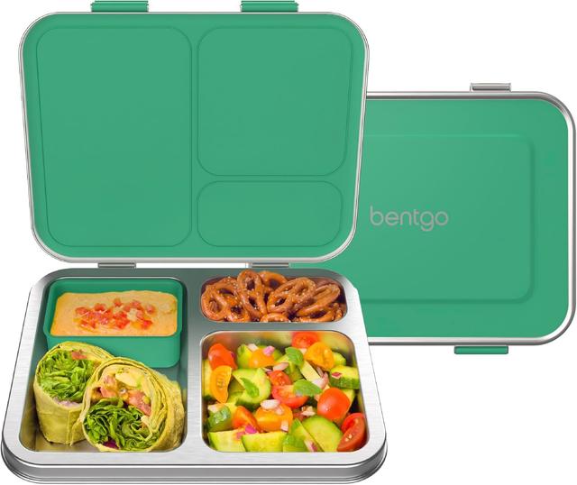 Product image of Bentgo Kids Stainless Steel Leak-Resistant Lunch Box - 3-Compartments with Bonus Silicone Container, Durable, Eco-Friendly, Dishwasher Safe, BPA-Free, Ideal for School, Ages 3+ (Green)