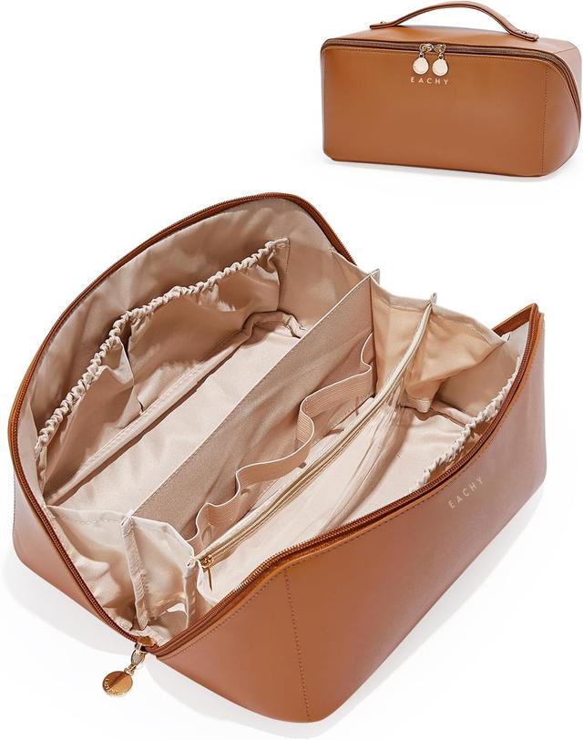 Product image of EACHY Travel Makeup Bag,Large Capacity Cosmetic Bags for Women,Waterproof Portable Pouch Open Flat Toiletry Bag Make up Organizer with Divider and Handle