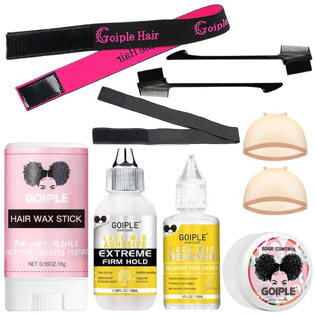 Product image of Wig Glue 1.28OZ, Waterproof Lace Front Adhsive for Wigs with Tools and Hair Wax Stick (Lace Adhesive/Wig Glue Remover/Wax Stick/Edge Control Wax/Elastic Band/Hair Dual Drush/Wigs Caps)