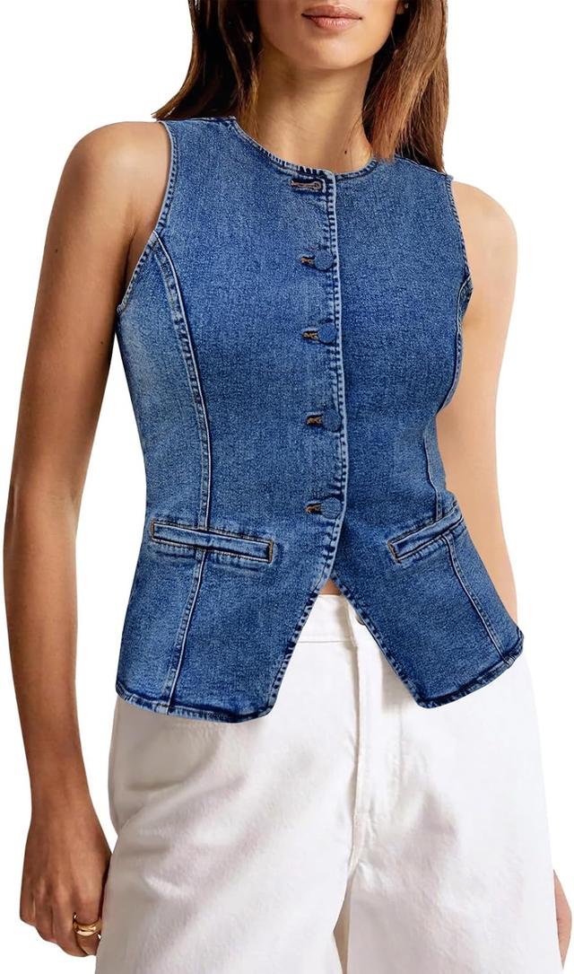Product image of Tankaneo Womens Button Down Denim Vest Tops Sleeveless Fitted Jean Tank Tops Summer Trendy Casual Waistcoat
