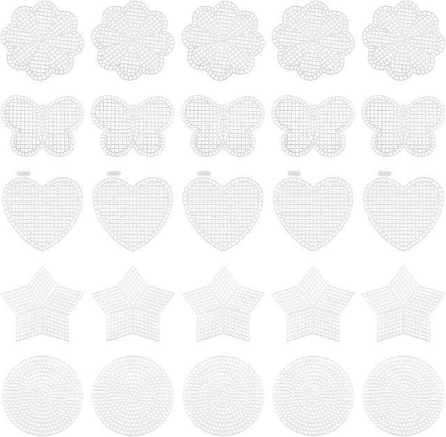 Product image of Hordion 25 Pcs 7 Count 5 Shapes Mesh Plastic Canvas Sheets kit Including Circles, Butterflies, Hearts, Stars, Flowers, Blank Needlepoint Canvas Kit for Embroidery, Cross Stitch, Knit, Yarn Crafting