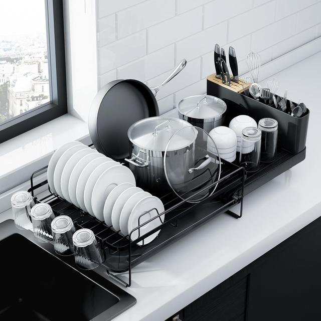 Product image of Kitsure Large Dish Drying Rack - Extendable Dish Rack, Multifunctional Dish Rack for Kitchen Counter, Anti-Rust Dish Drainers with Cutlery & Cup Holders 19.2"-26.7" L x 12.9" W, Black