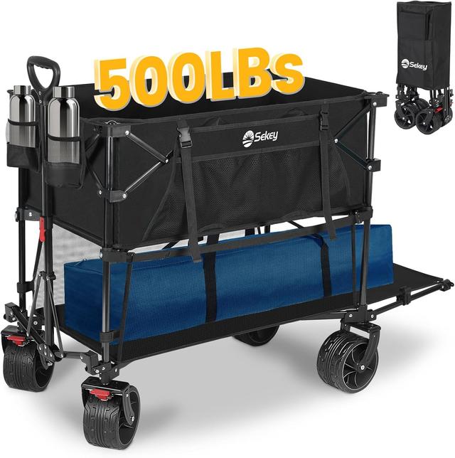 Product image of 400L Large Capacity Folding Double Decker Wagon with Brakes, 50" Extra Long Extender Cart, 500lbs Heavy Duty Collapsible Wagons, All-Terrain Big Wheels for Camping, Sports, Shopping. Black
