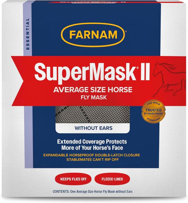Product image of Farnam SuperMask II horse fly mask without ears, extended coverage, protects eyes from insects and debris, adjustable throat latch, Average Horse Size