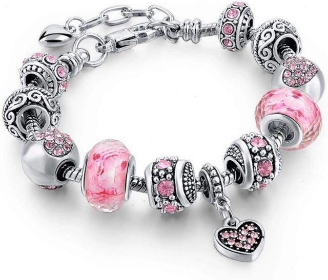 Product image of Pink Hearts Silver Plated Charm Bracelet Set, Jewelry Gifts with Beads, Charms, and Adjustable Snake Chain, Fits 7.5"+1.5"
