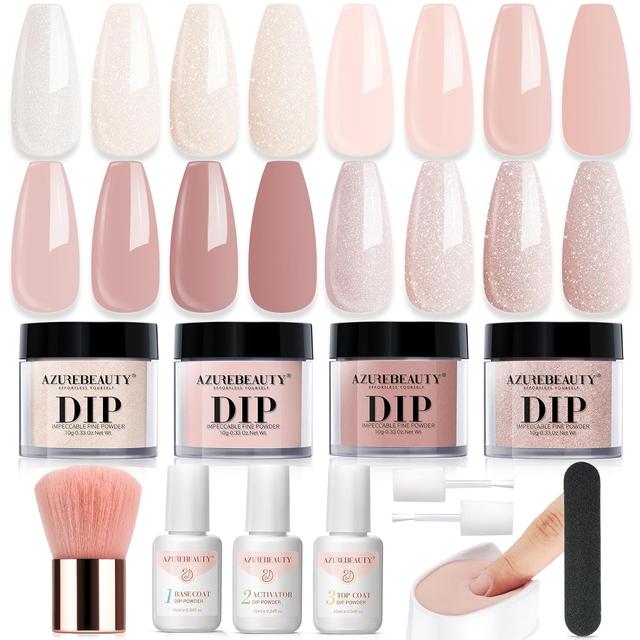 Product image of AZUREBEAUTY Dip Powder Nail Kit Starter, All Season Nude Skin Glitter 4 Colors Dipping Powder Liquid Set Recycling Tray with Base & Top Coat Activator for French Nail Art Manicure Salon DIY at Home.