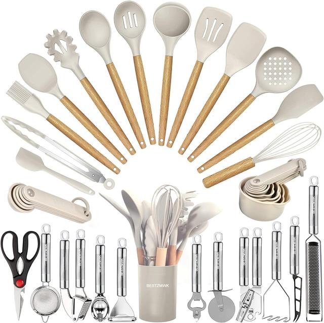 Product image of Kitchen Utensils Set- 35 PCs Cooking Utensils with Grater,Tongs, Spoon Spatula &Turner Made of Heat Resistant Food Grade Silicone and Wooden Handles Kitchen Gadgets Tools Set for Nonstick Cookware