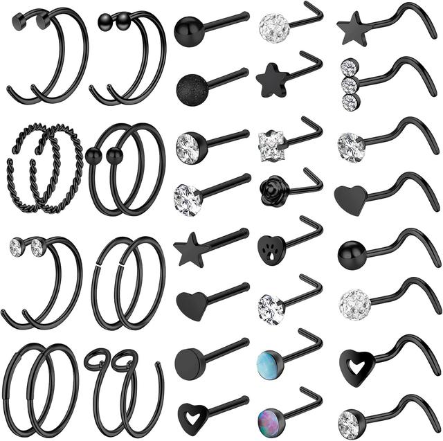 Product image of ONESING 36-42 PCS 20G Black Nose Rings and Studs for Women Men - Piercings Jewelry Hoops Screw