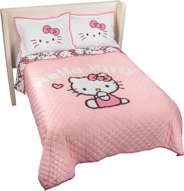 Product image of Jay Franco Hello Kitty Pink Stripes & Hearts Full/Queen Size Quilt & Sham Set - Super Soft Lightweight Bedspread Set