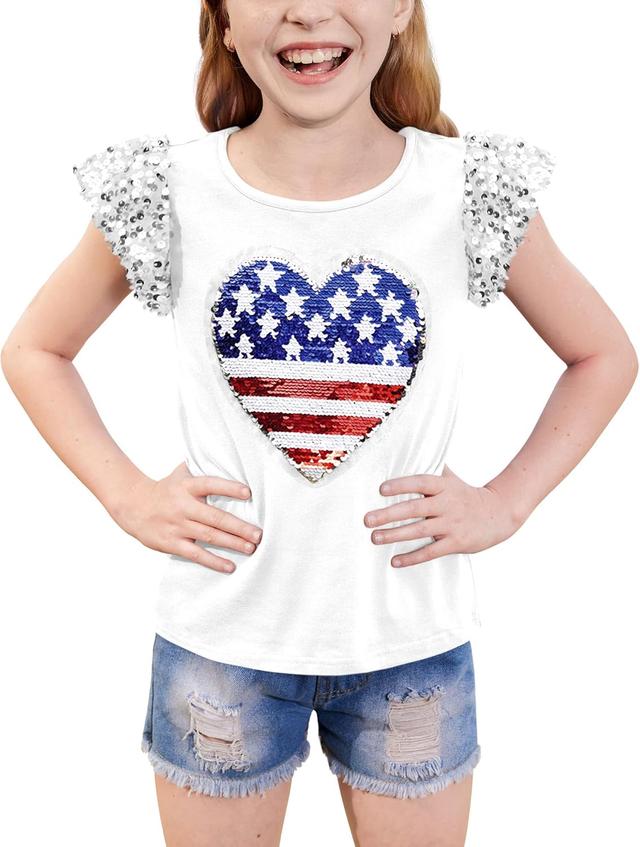 Product image of BesserBay Girls 4th of July Sequin Ruffle Short Sleeve Tee Top Flag Red White Blue Shirt 4-12 Years