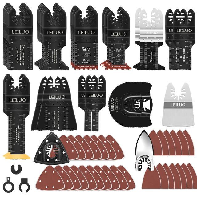Product image of LEILUO 116 Pcs Multitool Blade Kits Cutting and Sandpaper Oscillating Tool Accessories Universal Oscillating Saw Blades with Storage Bag Compatible with DeWalt Makita Dremel and More