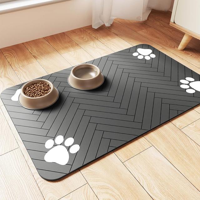 Product image of Pet Feeding Mat-Absorbent Pet Placemat for Food and Water Bowl, with Waterproof Rubber Backing, Quick Dry Water Dispenser Mat for Dog and Cat (12"x20", Striped Dark Gray)