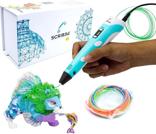 Product image of SCRIB3D P1 3D Printing Pen with Display - Includes 3D Pen, 3 Starter Colors of PLA Filament, Stencil Book + Project Guide, and Charger