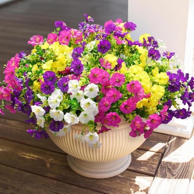 Product image of Artificial Faux Flowers Plants for Outdoor Outside Decoration, 12 Bundles Fake Silk Colorful Morning Glory UV Sun Resistant Look Real for Spring Summer Front Door Porch Patio Planter Yard Urn