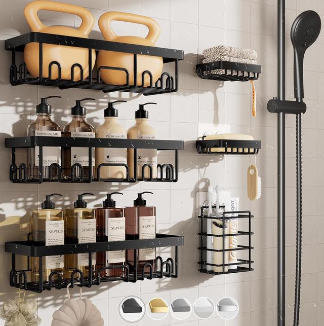 Product image of Veken Stainless Steel Shower Caddy 6-Pack, No Drilling & Rustproof, Waterproof Adhesive Shelves Rack with Soap Holder, Large Capacity Bathroom Organizers and Storage, Wall-Mounted Kitchen & Home Decor