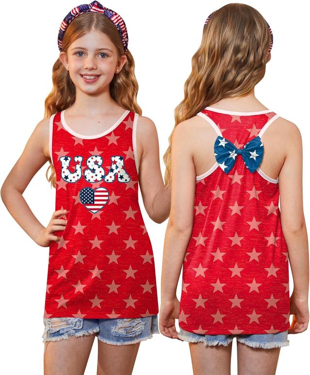 Product image of 4th of July Girls Flag Tank Top Back Bow Sleeveless Patriotic Holidays T-Shirt 4-14 Years