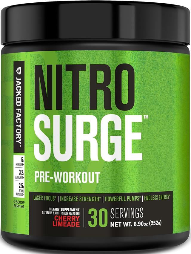 Product image of Jacked Factory NITROSURGE Pre Workout Supplement - Endless Energy, Instant Strength Gains, Clear Focus, Intense Pumps - NO Booster & Preworkout Powder with Beta Alanine - 30 Servings, Cherry Limeade