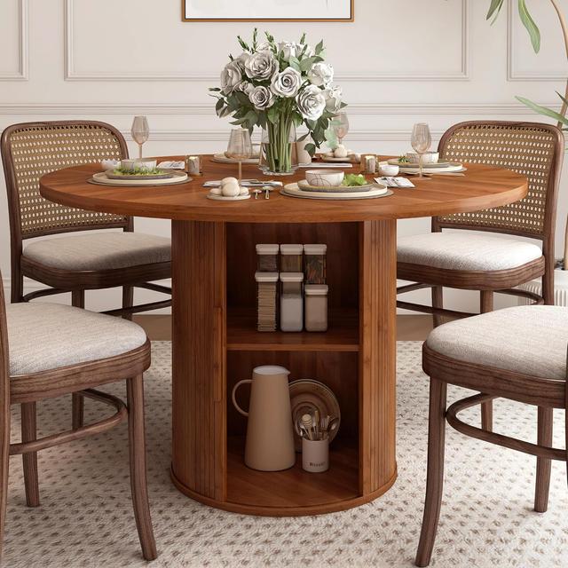 Product image of 47 inch Round Dining Table for 4, Kitchen Table Dinner Table with 2-Layer Storage Shelf and Wood Slide Door for Home Dining Room Living Room (Walnut)