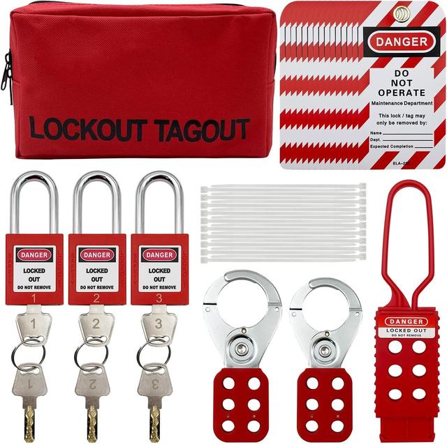 Product image of Lockout Tagout Kit Electrical Loto - Group Lockout Hasps, Lockout Tags, Safety Padlocks with Number, Nylon Ties with Pocket Bag(Red Kit)