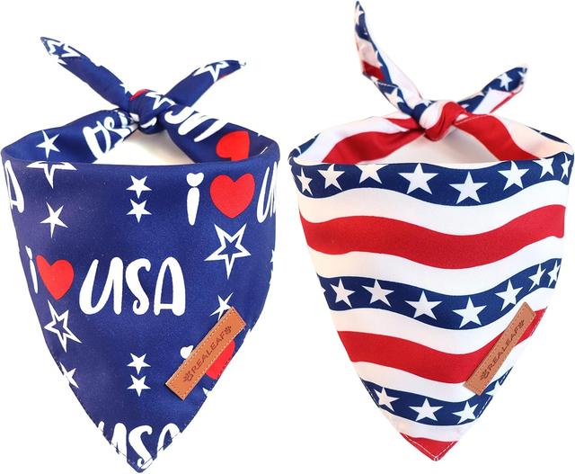 Product image of Realeaf 4th of July Bandanas 2 Pack, Triangle Reversible American Flag Pet Patriotic Scarf for Boy and Girl, Premium Durable Fabric, USA Bandana for Medium and Large Dogs (Large)