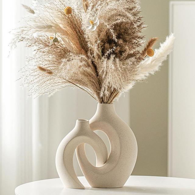 Product image of Snuggle Hollow Ceramic Vase Set of 2, Nordic Modern Boho ins Style Decorative Ceramic Aesthetic Flower Vase for Home Decor (Milky White W 6.3" X H 8.4")