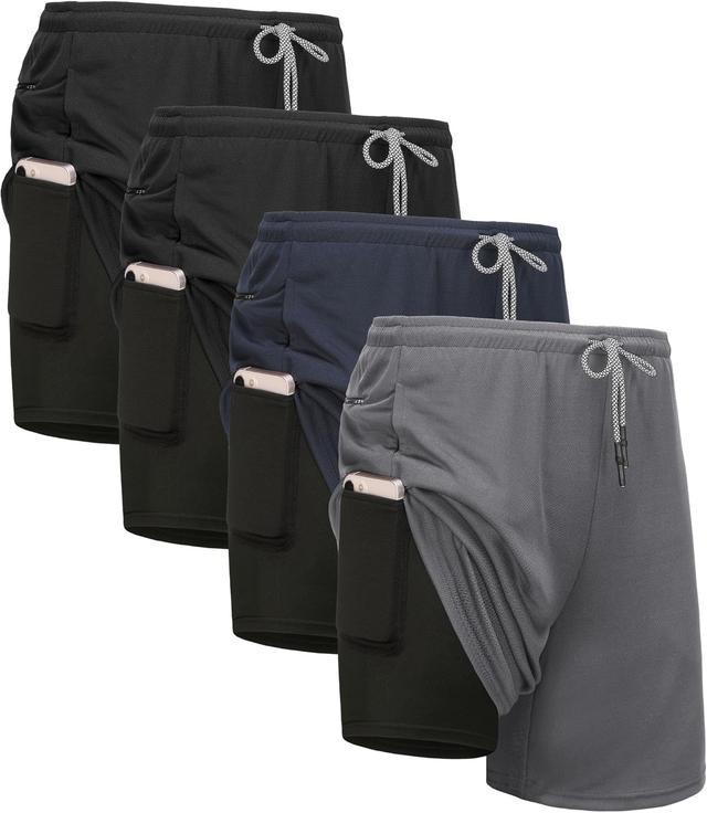 Product image of 4 Pack Mens 2 in 1 Running Workout Shorts with Liner, Gym Athletic Quick Dry Sport Shorts with Pockets