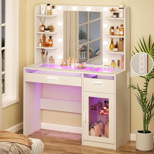 Product image of Vanity Desk with Mirror and Lights, Makeup Vanity Desk with Lights 3 Colors, Transparent Top Vanity with 2 RGB Drawers, 6 Shelves, Large Tempered Cabinet, Power Outlet, for Bedroom, White