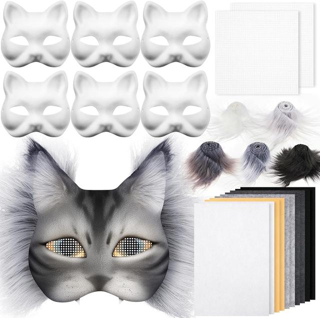Product image of DIY Therian Mask Kit Blank Cat Mask with Felt Fabric Sheet Plush Faux Fur Eye Mesh for Therian Gear Stuff