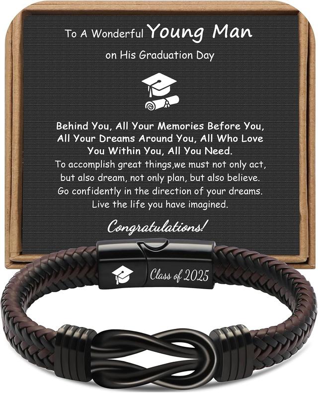 Product image of 𝗚𝗿𝗮𝗱𝘂𝗮𝘁𝗶𝗼𝗻 𝗚𝗶𝗳𝘁𝘀 𝗳𝗼𝗿 𝗛𝗶𝗺 𝟮𝟬𝟮𝟱 High School, College Graduation Gifts for Men Class of 2025 Leather Stainless Steel Knot Bracelet for Son Boyfriend Brother Grandson Friends