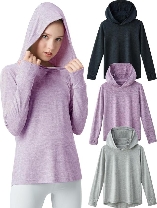 Product image of 3 Pack Athletic Girls Long Sleeve Shirts with Thumb Holes, Workout Hoodies for Kids, Hooded Shirt Pullover Tops