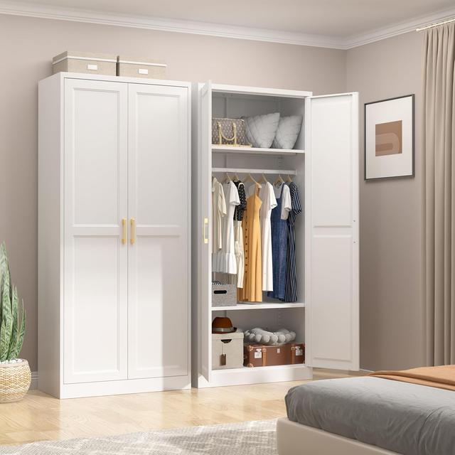 Product image of Armoire Wardrobe Closet with Doors, 71'' Wardrobe Cabinet with Hanging Rod, Metal Closet with 2 Adjustable Shelves for Bedroom School, Employee, Gym, Armarios De Ropa para Dormitorio, White