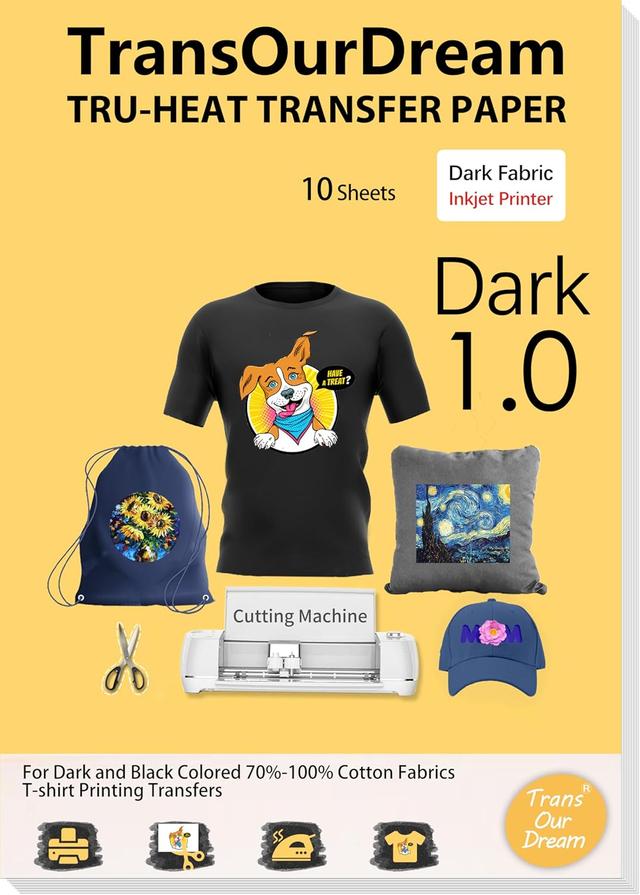 Product image of TransOurDream Tru-Heat Transfer Paper for Inkjet Printer (10 Sheets, 8.5x11") Printable Heat Transfer Vinyl for T Shirts Iron on Transfers for Dark Fabrics