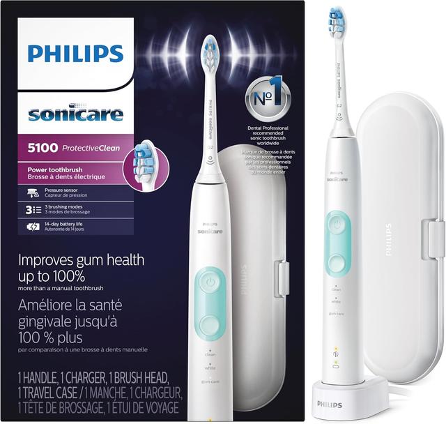 Product image of Philips Sonicare ProtectiveClean 5100 Rechargeable Electric Toothbrush, with Pressure Sensor, 3 Cleaning Modes, SmarTimer and QuadPacer, 14-Day Battery Life, Travel Case, White, Model HX6857/11