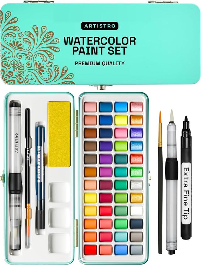 Product image of ARTISTRO Watercolor Paint Set, Vivid Colors in Portable Box, Palette set, Including Metallic and Fluorescent Colors. Perfect Travel Watercolor Set for Artists, Amateur Hobbyists and Painting