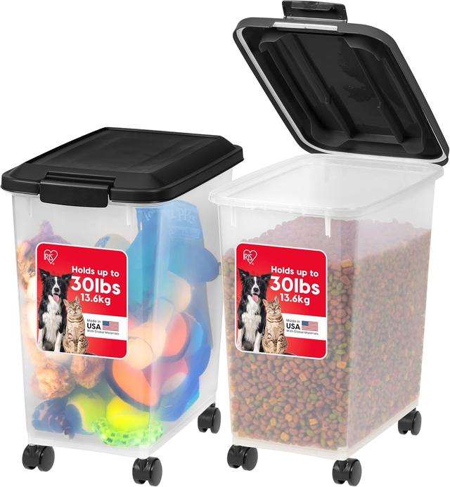 Product image of IRIS USA Dog Food Storage Container, 2 Pack, Up to 30 lbs Each, Airtight Seal for Freshness, Wheels for Rolling, Easy One Hand Opening, Made in USA, BPA Free, Clear/Black
