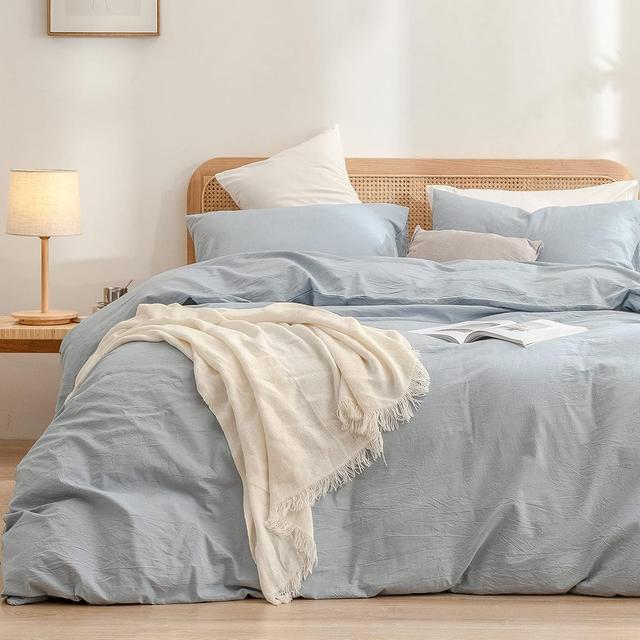 Product image of BESTOUCH Duvet Cover Set 100% Washed Cotton Linen Feel Super Soft Comfortable Chic Lightweight 3 PCs Home Bedding Set Cornflower Blue Queen