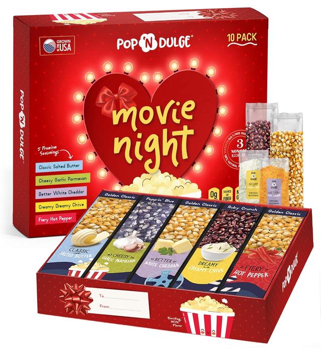 Product image of Mothers Day Gifts Movie Night Popcorn Gift Set, Gifts For Women, 10 pcs Set, 5 Gourmet Popcorn Kernels and 5 Seasoning Flavoring Variety Packs, Kosher, Non-GMO Movie Night Gift Baskets, For Mom, Wife
